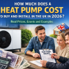Heat pump installation cost in the UK 2026 showing outdoor unit, £10,000 estimate, cash, and homeowners discussing grants with an engineer.”