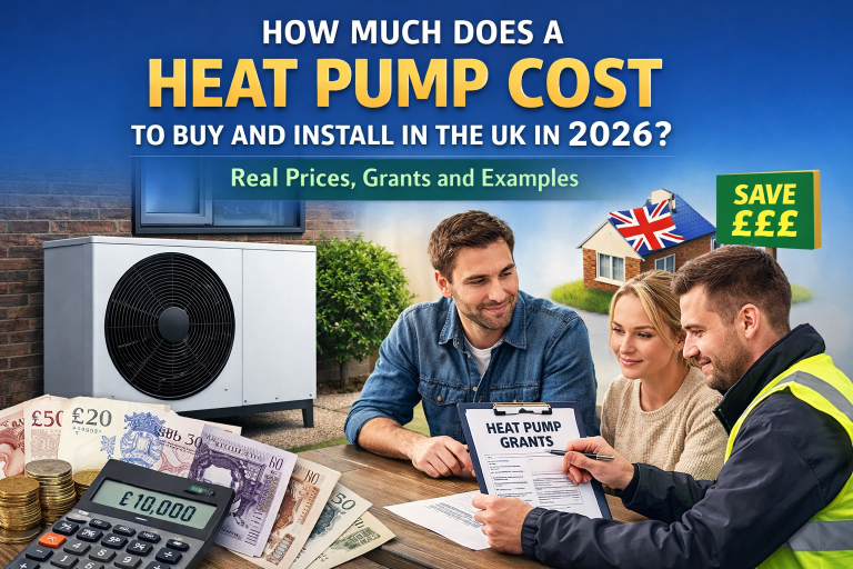 Heat pump installation cost in the UK 2026 showing outdoor unit, £10,000 estimate, cash, and homeowners discussing grants with an engineer.”