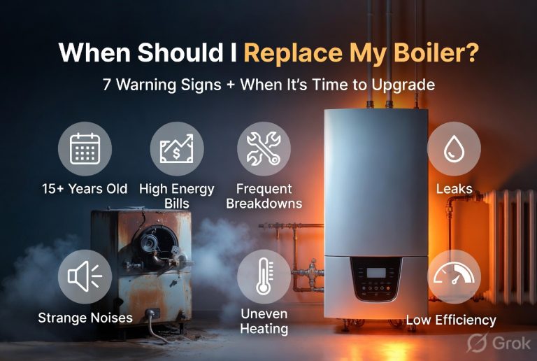When Should I Replace My Boiler? 7 warning signs including age, high bills, leaks, noises and comparison between old rusty boiler vs new modern boiler.