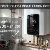 Modern 3D CGI image of a sleek new wall-mounted combi boiler professionally installed in a bright UK home utility room, showing copper pipework, digital smart controls displaying 60°C, toolbox with tools, and a transparent cost overlay with average UK prices £2,800–£4,500 for supply and installation in 2026