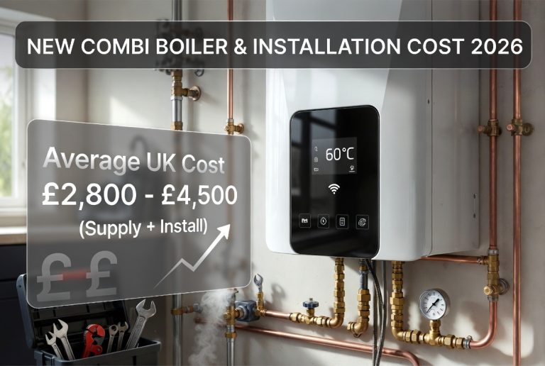Modern 3D CGI image of a sleek new wall-mounted combi boiler professionally installed in a bright UK home utility room, showing copper pipework, digital smart controls displaying 60°C, toolbox with tools, and a transparent cost overlay with average UK prices £2,800–£4,500 for supply and installation in 2026