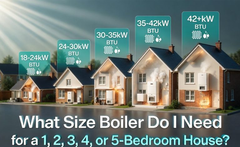 "Premium 3D CGI featured image showing a row of five modern UK houses from 1-bedroom to 5-bedroom. Each house displays the recommended boiler size with glowing teal labels: 18-24kW, 24-30kW, 30-35kW, 35-42kW, and 42+kW (with BTU and hot water icons). Large bold title at the bottom reads: 'What Size Boiler Do I Need for a 1, 2, 3, 4, or 5-Bedroom House?'. Professional, modern 3D infographic style with realistic boilers, steam effects, and cinematic lighting."