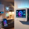 "Premium smart thermostat for combi boiler mounted on modern living room wall, large touchscreen showing 21°C, Wi-Fi connectivity, energy usage graph and 'Combi Boiler Optimized' mode. Smartphone app in foreground with remote control, floating eco icons, and high-efficiency combi boiler visible in background kitchen with steam effect."