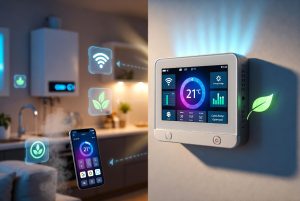 "Premium smart thermostat for combi boiler mounted on modern living room wall, large touchscreen showing 21°C, Wi-Fi connectivity, energy usage graph and 'Combi Boiler Optimized' mode. Smartphone app in foreground with remote control, floating eco icons, and high-efficiency combi boiler visible in background kitchen with steam effect."