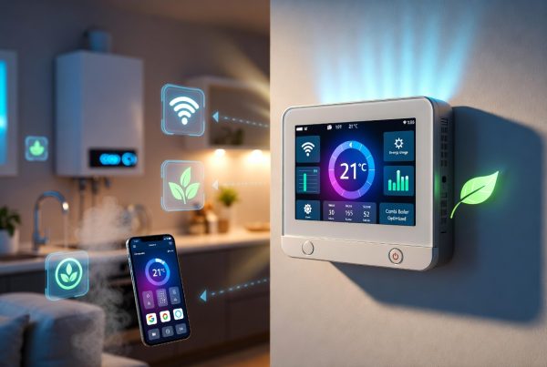 "Premium smart thermostat for combi boiler mounted on modern living room wall, large touchscreen showing 21°C, Wi-Fi connectivity, energy usage graph and 'Combi Boiler Optimized' mode. Smartphone app in foreground with remote control, floating eco icons, and high-efficiency combi boiler visible in background kitchen with steam effect."