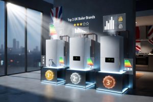 "Hyper-realistic 3D CGI of the top 3 UK boiler brands displayed on glowing pedestals in a modern showroom, ranked 1st to 3rd with holographic efficiency charts and Union Jack accents."