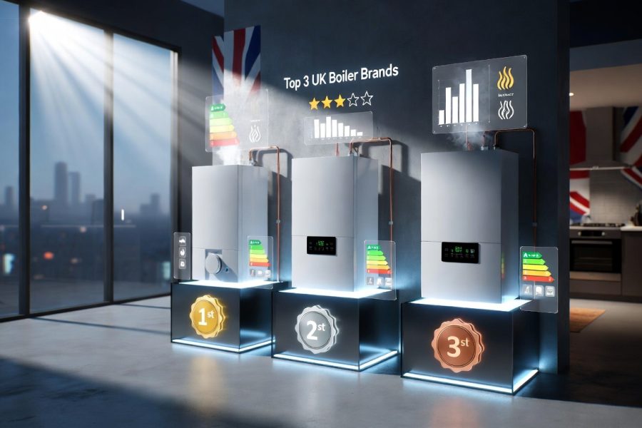 "Hyper-realistic 3D CGI of the top 3 UK boiler brands displayed on glowing pedestals in a modern showroom, ranked 1st to 3rd with holographic efficiency charts and Union Jack accents."
