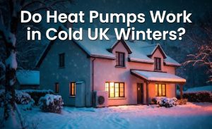 Snowy UK house with an outdoor heat pump in winter, with text "Do Heat Pumps Work in Cold UK Winters?"