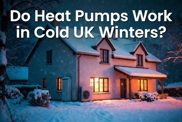 Snowy UK house with an outdoor heat pump in winter, with text "Do Heat Pumps Work in Cold UK Winters?"