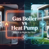 Split-screen comparison of a modern indoor gas boiler and an outdoor air source heat pump, featuring a glassmorphism text panel reading "Gas Boiler vs Heat Pump: Which Is Right for You?"