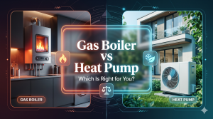 Split-screen comparison of a modern indoor gas boiler and an outdoor air source heat pump, featuring a glassmorphism text panel reading "Gas Boiler vs Heat Pump: Which Is Right for You?"