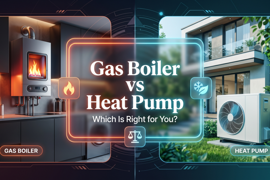 Split-screen comparison of a modern indoor gas boiler and an outdoor air source heat pump, featuring a glassmorphism text panel reading "Gas Boiler vs Heat Pump: Which Is Right for You?"