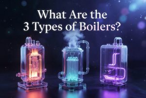 "Ultra-modern glassmorphic illustration showing the three types of boilers: Fire Tube Boiler, Water Tube Boiler, and Electric Boiler, in a futuristic dark blue and purple neon style"