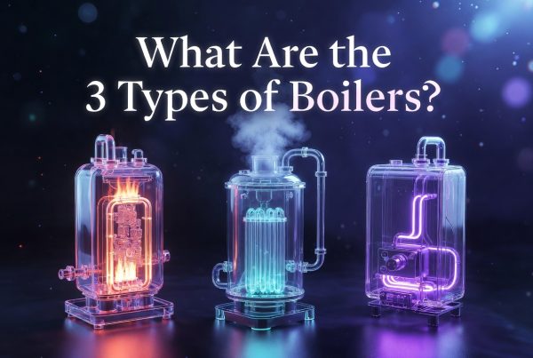 "Ultra-modern glassmorphic illustration showing the three types of boilers: Fire Tube Boiler, Water Tube Boiler, and Electric Boiler, in a futuristic dark blue and purple neon style"