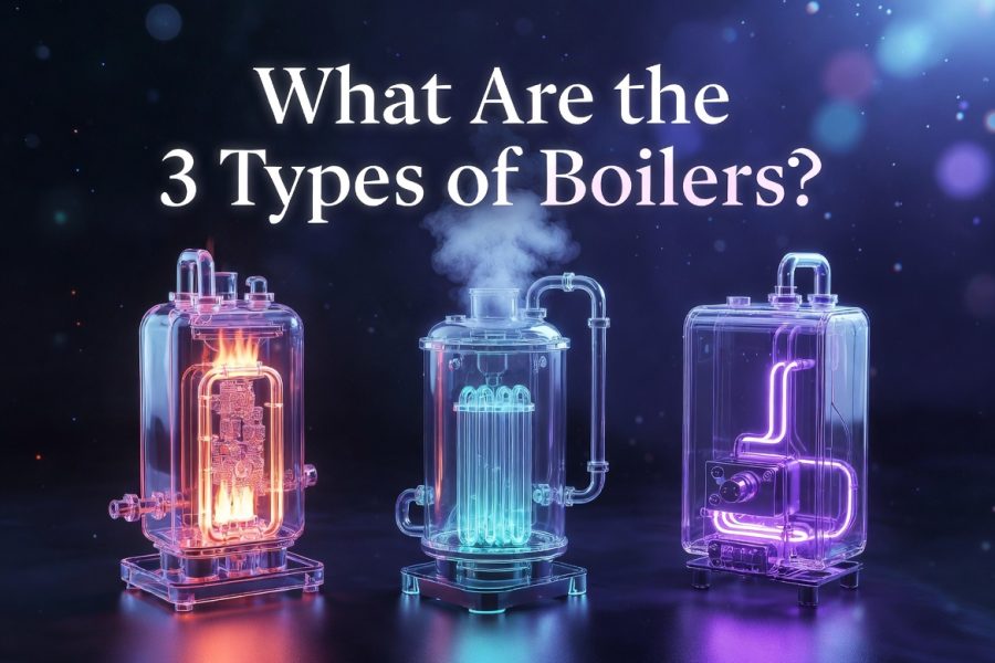 "Ultra-modern glassmorphic illustration showing the three types of boilers: Fire Tube Boiler, Water Tube Boiler, and Electric Boiler, in a futuristic dark blue and purple neon style"